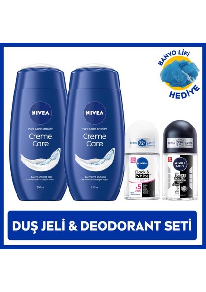 Nıvea Kadın ve Erkek Roll-On Deodorant Black&white 25ML, Creme Care Duş Jeli X2 Adet, Banyo Lifi Hediye, Avantajlı Aile Paketi