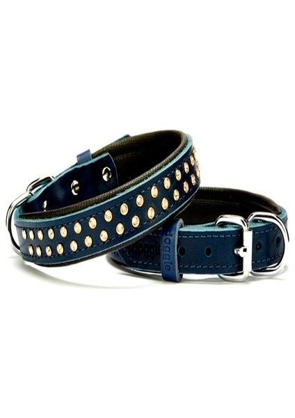 Konforlu Deri Kristal Taşlı Köpek Boyun Tasması 2 x 28-34 cm Mavi - Lisinya