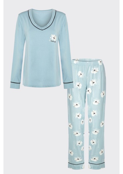 Kadın V Yaka Çiçek Desenli Ara Biyeli Uzun Kollu Pamuklu Pijama Takımı indirimleri