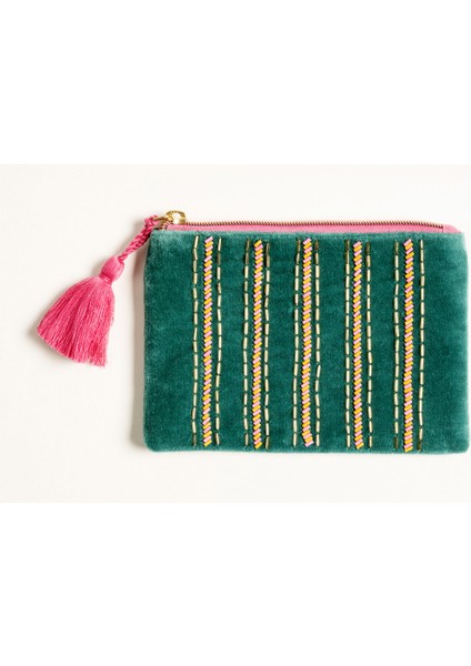 Yeşil Nakışlı Küçük Pamuk Makyaj Çantası 12X18 cm