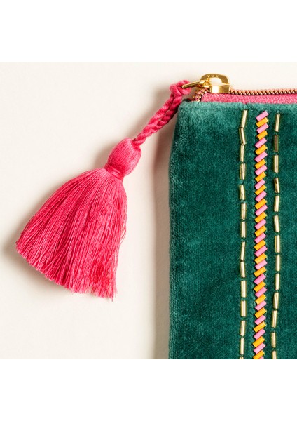 Yeşil Nakışlı Küçük Pamuk Makyaj Çantası 12X18 cm indirimleri