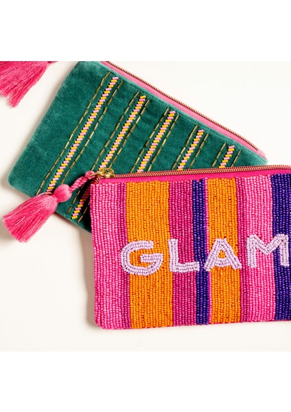 Yeşil Nakışlı Küçük Pamuk Makyaj Çantası 12X18 cm