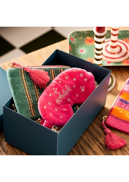 Yeşil Nakışlı Küçük Pamuk Makyaj Çantası 12X18 cm