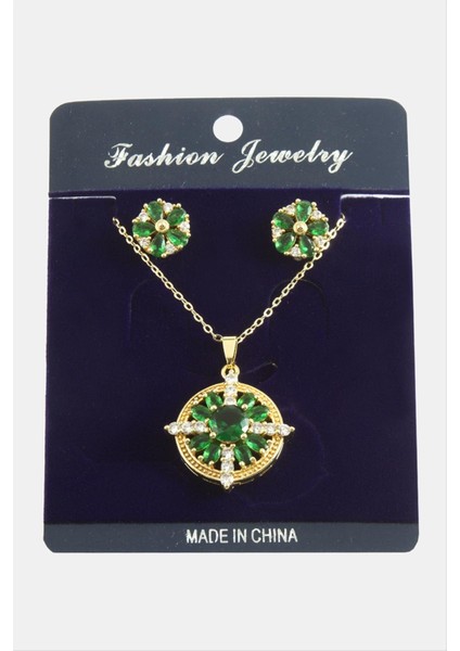 Msa-Shop Çiçek Zirkon Taşlı Set Kolye-Yeşil