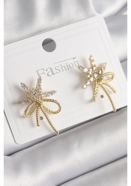 Pirinç Gold Renk Zirkon Taşlı Yıldız Düğüm Model Kadın Küpe - Lisinya