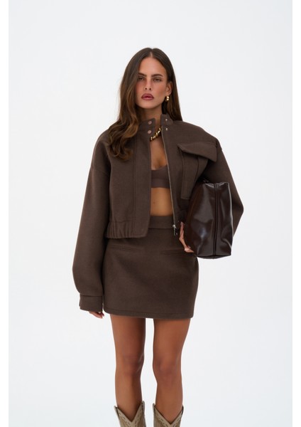 Tenby Koyu Kahve Crop Ceket-Etek Takım