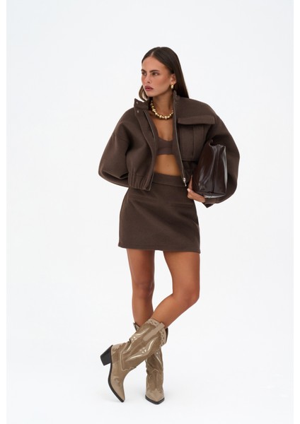 Tenby Koyu Kahve Crop Ceket-Etek Takım fiyatları