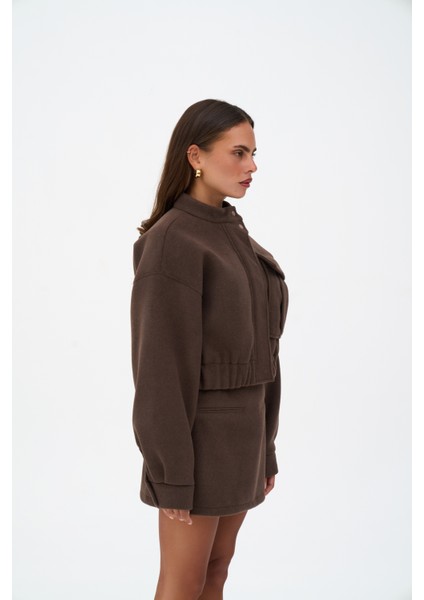 Tenby Koyu Kahve Crop Ceket-Etek Takım modelleri