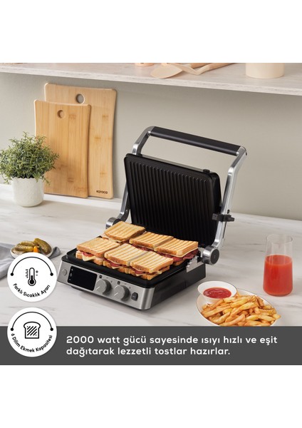 2'li Dijital Inox Izgara ve Tost Makinesi, 6 Dilim, 2000W
