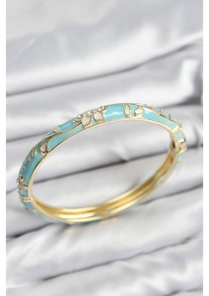 Mineli Pirinç Zirkon Taşlı Turkuaz Çiçek Motifli Gold Kadın Kelepçe - Lisinya