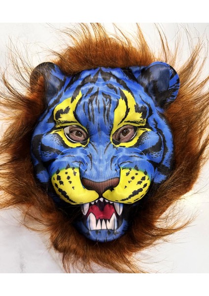 Kahverengi Yeleli Saçlı Mavi Yüzlü Kurt Kaplan Maskesi Mega Peluş 38 No - Lisinya