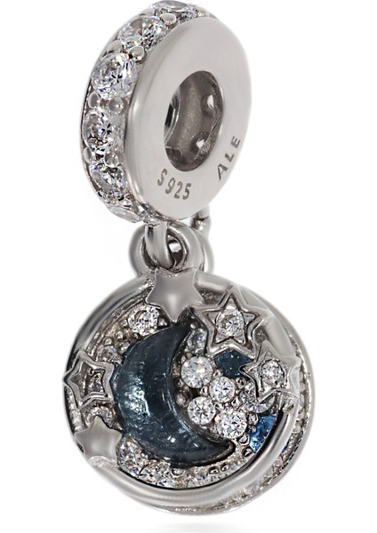 Mavi Gece Gökyüzü, Ay ve Yıldızlar Sallantılı Gümüş Charm