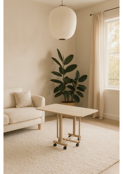 Katlanır Portatif Tekerlekli Mutfak ve Balkon Masası Bej