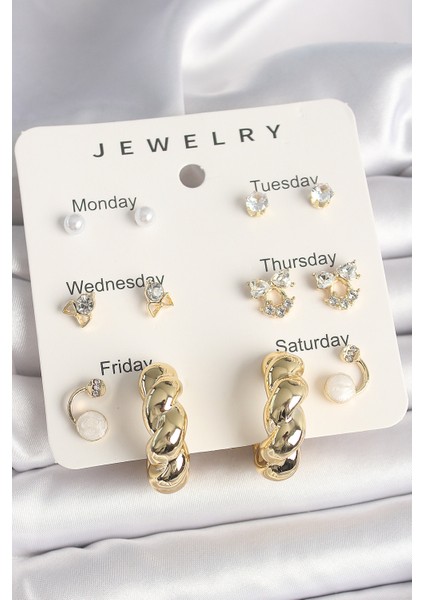 Pirinç Gold Renk Zirkon Taşlı Sarmal Halka Model 7'li Kadın Küpe Seti - Lisinya