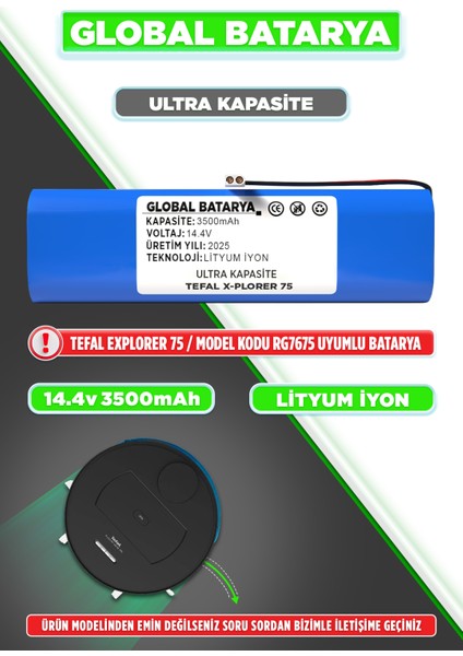 Tefal X-Plorer 75 Uyumlu Akıllı Robot Süpürge Bataryası 14.4V 3500MAH Li-Ion Pil (Ultra Kapasite)