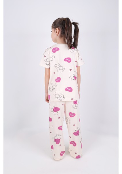 Kız Çocuk Pamuklu Kalpli Desenli Pijama Takımı