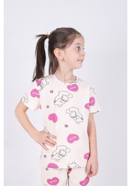 Kız Çocuk Pamuklu Kalpli Desenli Pijama Takımı