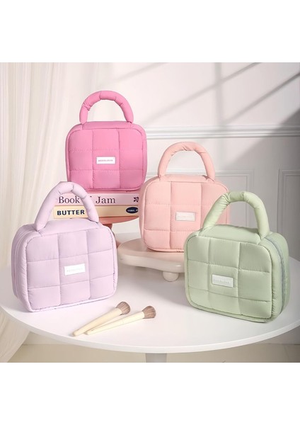 Pembe Kadın Makyaj Çantası, Kapitone Büyük Kapasite Kozmetik Düzenleyici