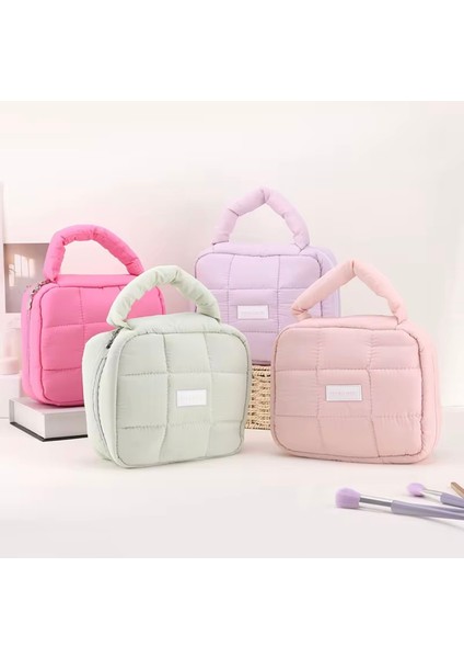 Pembe Kadın Makyaj Çantası, Kapitone Büyük Kapasite Kozmetik Düzenleyici