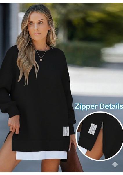 Kadın Oversize Sweatshirt Yan Fermuar Detaylı Uzun Kollu Siyah Tunik fiyatları