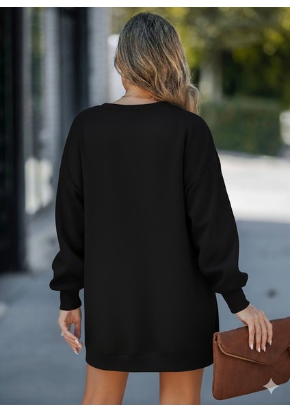 Kadın Oversize Sweatshirt Yan Fermuar Detaylı Uzun Kollu Siyah Tunik fırsatları