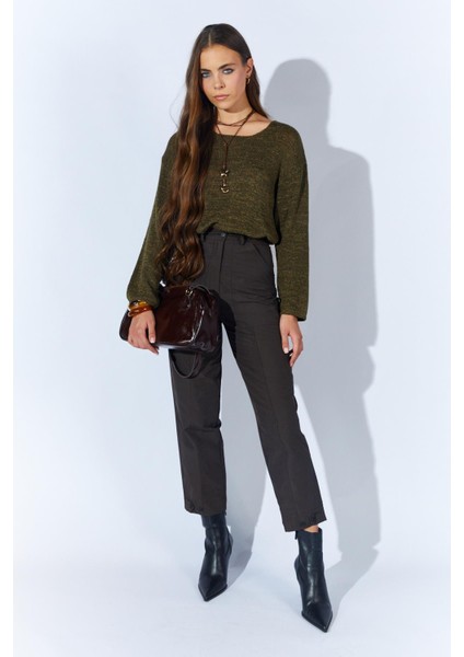 Kadın Kahve Beli Düğmeli Çift Dikişli Pantolon