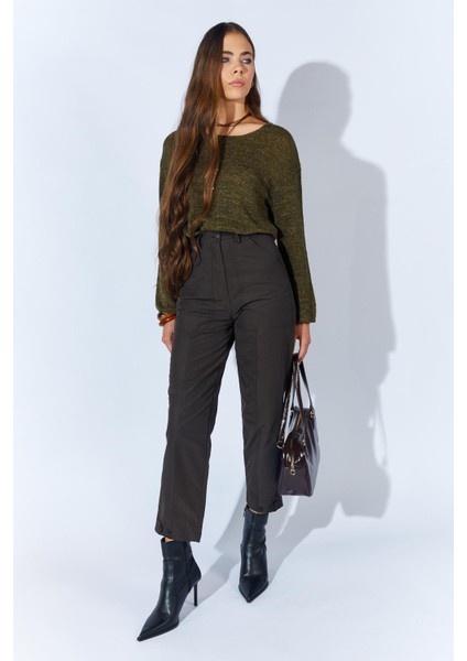 Kadın Kahve Beli Düğmeli Çift Dikişli Pantolon fiyatları