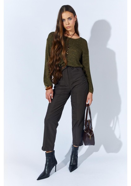 Kadın Kahve Beli Düğmeli Çift Dikişli Pantolon modelleri