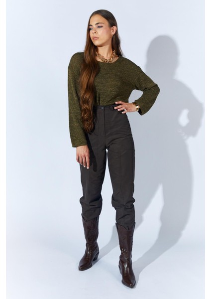 Kadın Kahve Beli Düğmeli Çift Dikişli Pantolon indirimleri