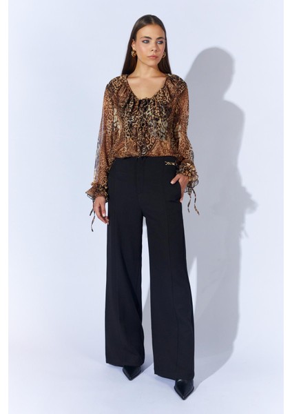 Kadın Siyah 2005 Yani Tokali Bol Paça Pantolon