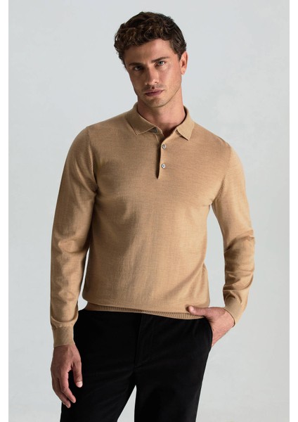Merino Yünü Polo Yaka Camel Triko