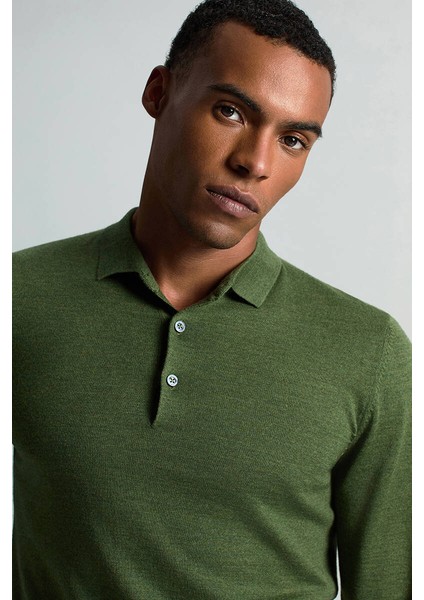 Merino Yünü Polo Yaka Açık Yeşil Triko