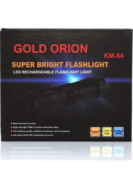 Gold Orion Km-84 Tasarruflu Şarjlı Zoomlu Metal El Feneri Kemer Klipsli indirimleri
