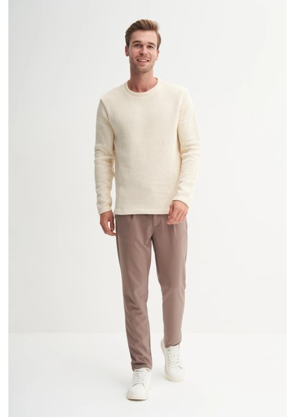 Erkek Ekru Selanik Örgü Pamuk Karışımlı Regular Fit Sweatshirt