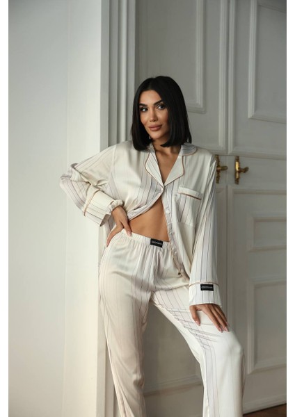Krem Beyaz Uzun Saten Pijama Takımı