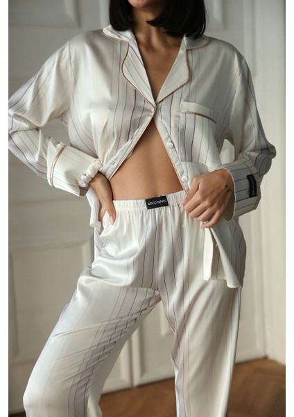 Krem Beyaz Uzun Saten Pijama Takımı fiyatları
