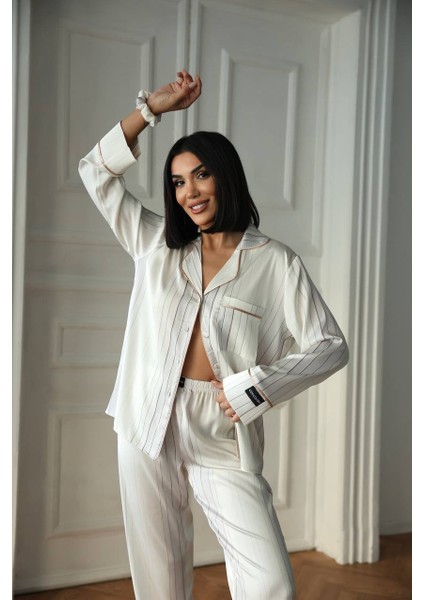 Krem Beyaz Uzun Saten Pijama Takımı modelleri