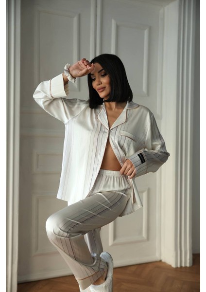 Krem Beyaz Uzun Saten Pijama Takımı fırsatları