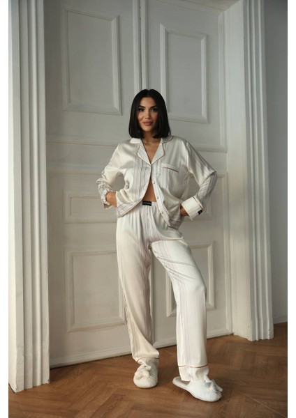 Krem Beyaz Uzun Saten Pijama Takımı indirimleri