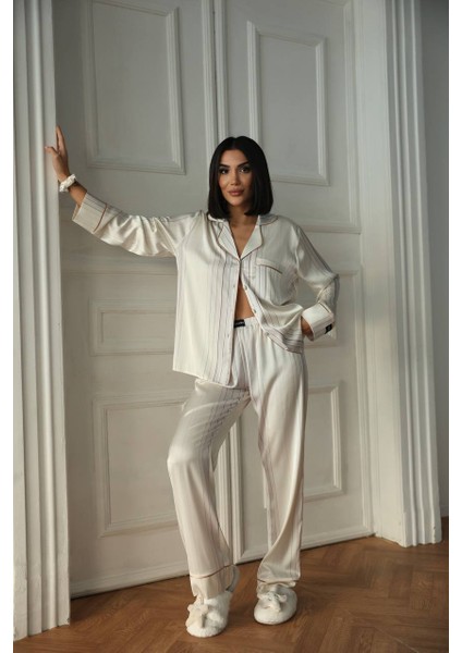 Krem Beyaz Uzun Saten Pijama Takımı