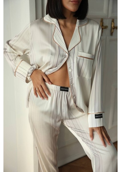 Krem Beyaz Uzun Saten Pijama Takımı