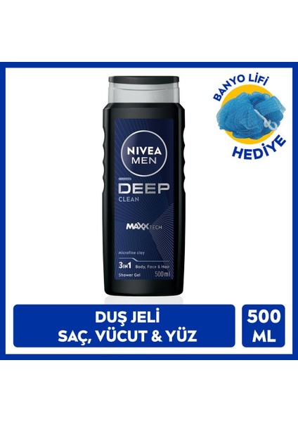 Nıvea Men Erkek Deep Dimension Banyo ve Duş Jeli 500ML, 3'ü1 Arada Vücut Bakım, Vücut Saç ve Yüz, Banyo Lifi Hediyeli, Avantajlı Paket