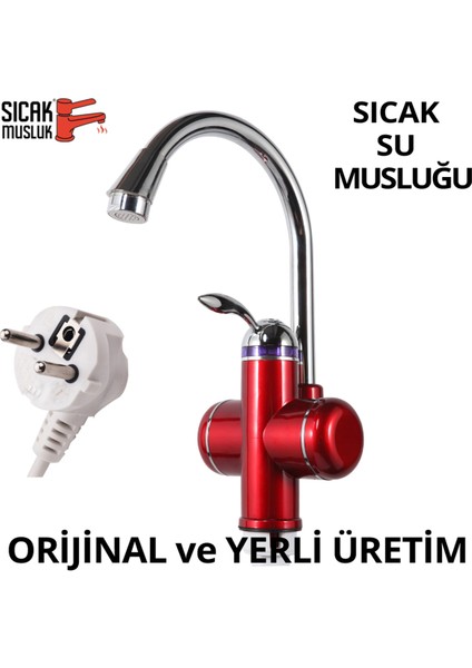 Kırmızı Elektrikli Ani Su Isıtıcı, Lavabo ve Musluk Monteli, Pratik ve Hızlı Sıcak Su