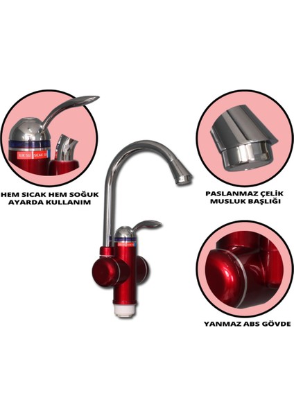 Kırmızı Elektrikli Ani Su Isıtıcı, Lavabo ve Musluk Monteli, Pratik ve Hızlı Sıcak Su modelleri