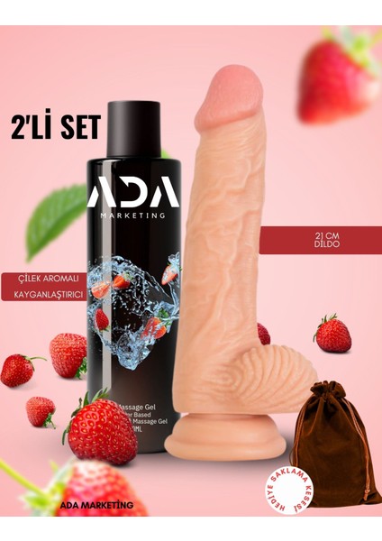 150 ml Çilek Aromalı Cinsel Jel ve 21 cm Dildo Set – Büyük Boy, Kalın Esnek Yapı, Gerçekçi Deneyim