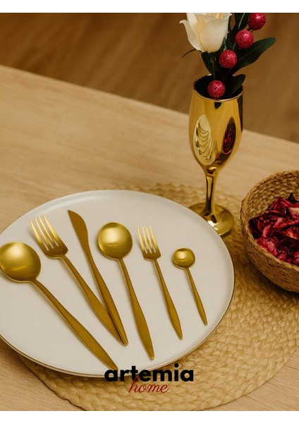New Saphire 30 Parça Çatal Kaşık Takımı | Mat Gold | 6 Kişilik | 18/10 Paslanmaz Çelik