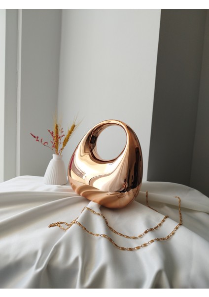 Modern Tasarım Oval Tutmalı Rose Altın Kadın Düğün, Nişan, Abiye Çanta