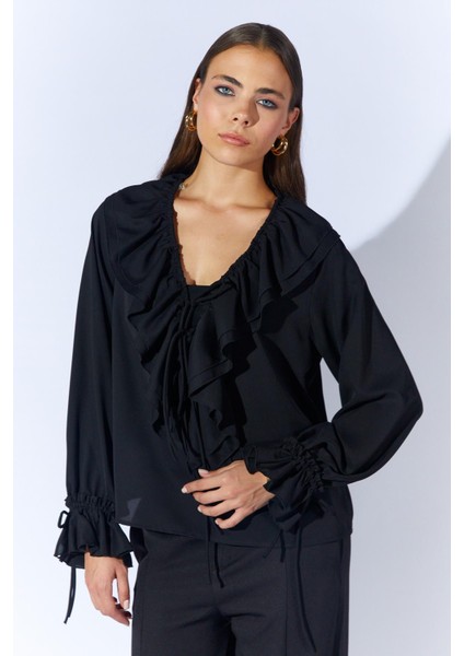Kadın Siyah TN023 Önü Fırfırlı Kolları Bağlamalı Şifon Buluz