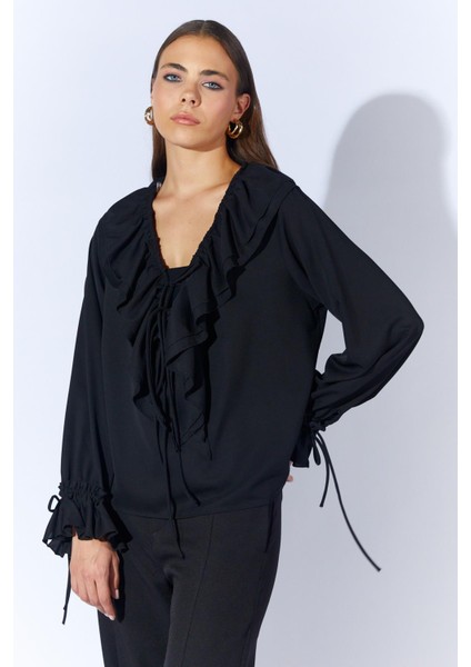 Kadın Siyah TN023 Önü Fırfırlı Kolları Bağlamalı Şifon Buluz fiyatları