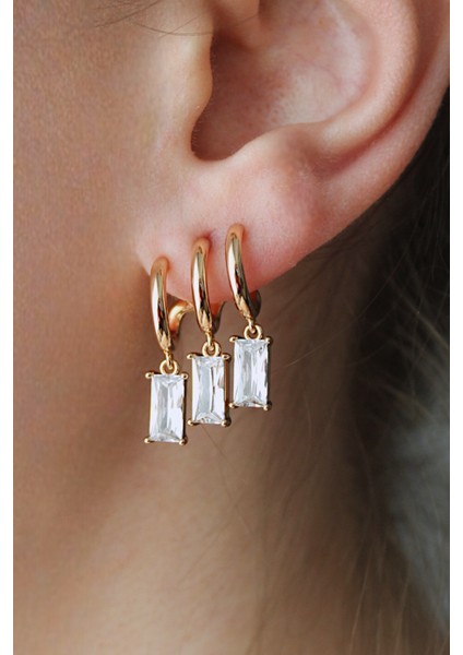 Vıp Çelik Baget Taşlı Üçlü Görünümlü Küpe